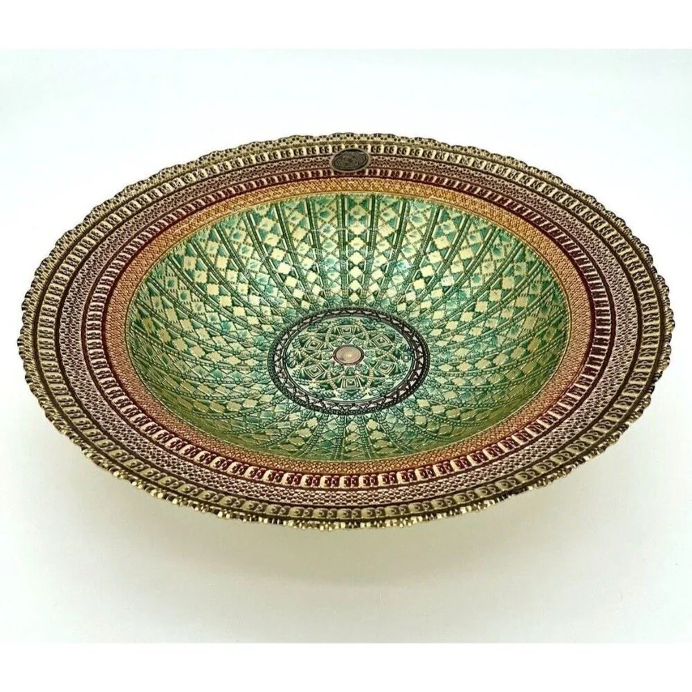 Turkish Glass Round Bowl Dinner Display Gold Lace Print 13.75